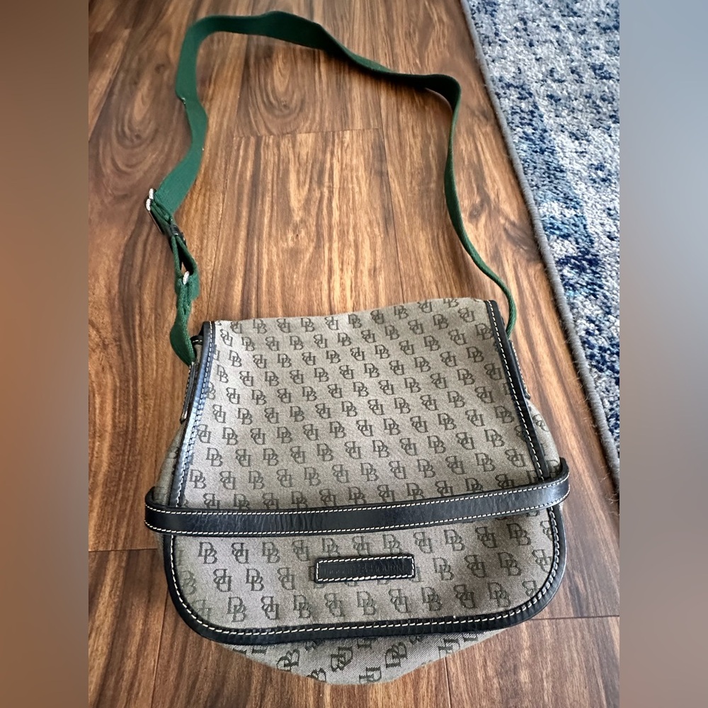 Dooney & Bourke Brown Signature Crossbody Bag with Green Strap
